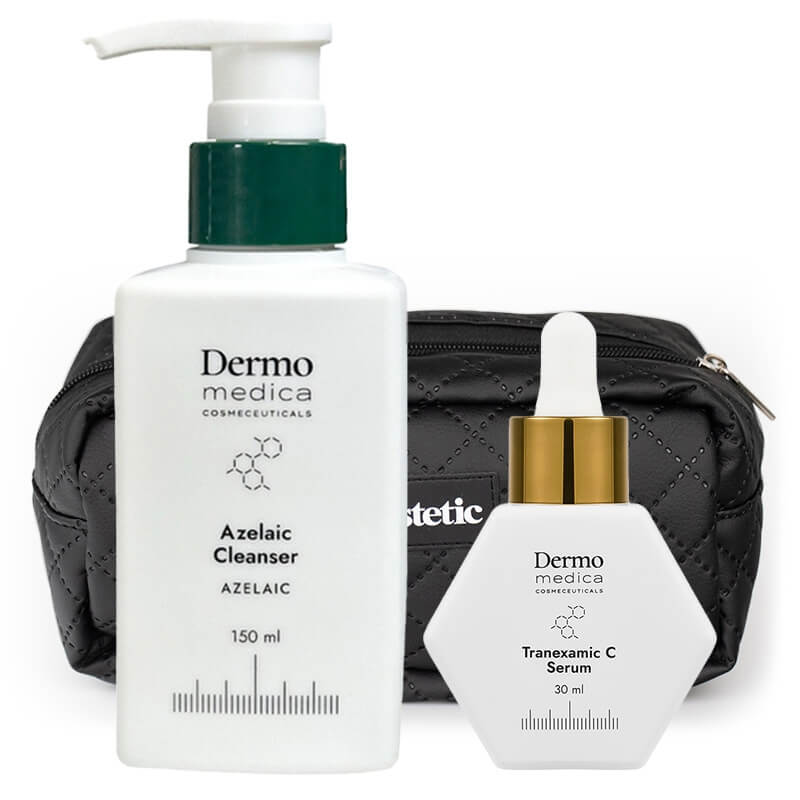 Dermomedica Tranexamic C Serum + Azelaic Cleanser + Kosmetyczka Topestetic ZESTAW Serum z witaminą C, kwasem traneksamowym i czynnikiem wzrostu 30 ml + Żel do mycia z kwasem azelainowym 150 ml + Czarna, duża 1 szt