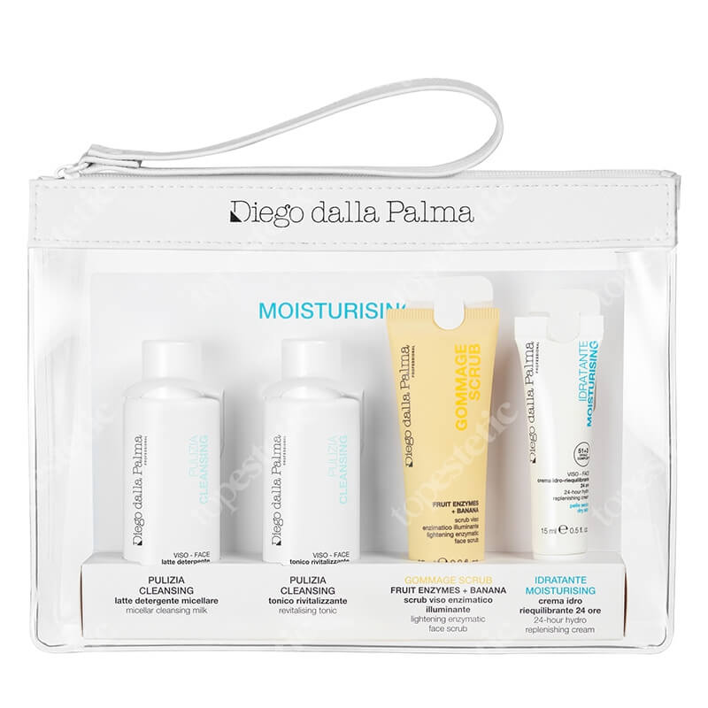 Diego dalla Palma Moisturizing Travel Set ZESTAW Mleczko micelarne 50 ml + Tonik rewitalizujący 50 ml + Scrub enzymatyczny 25 ml + Krem nawadniający 15 ml