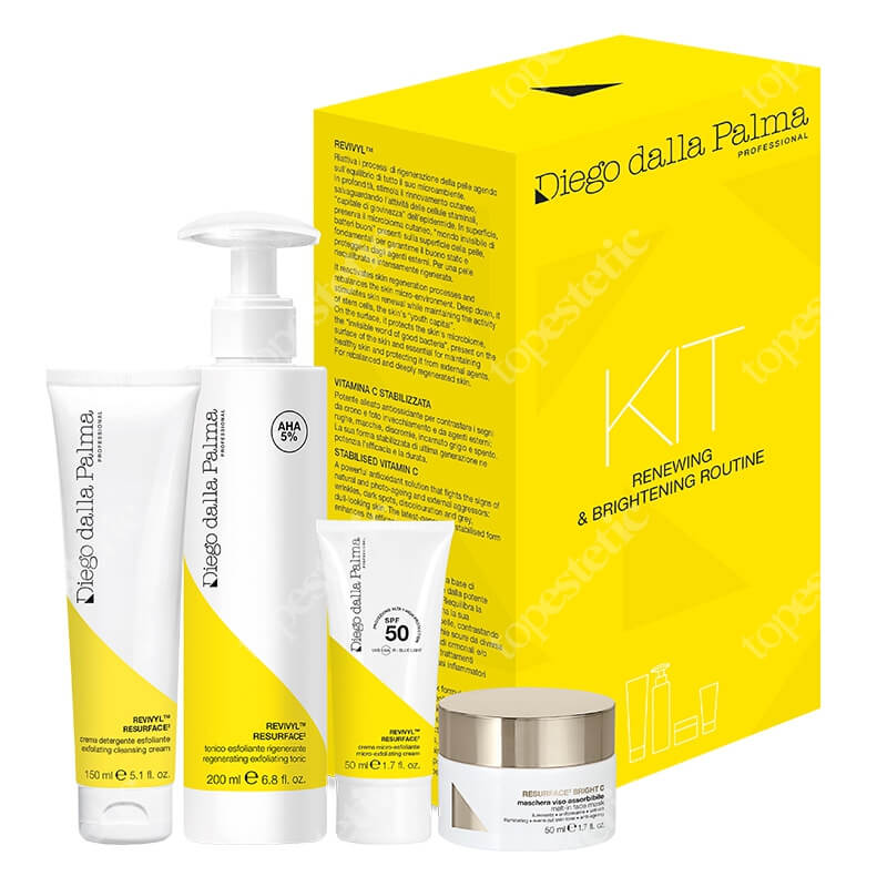 Diego dalla Palma Renewing And Brightening Routine Set ZESTAW Zmywacz złuszczający 150 ml + Tonik 200 ml + Krem ochronny na dzień 50 ml + Maska na przebarwienia 50 ml