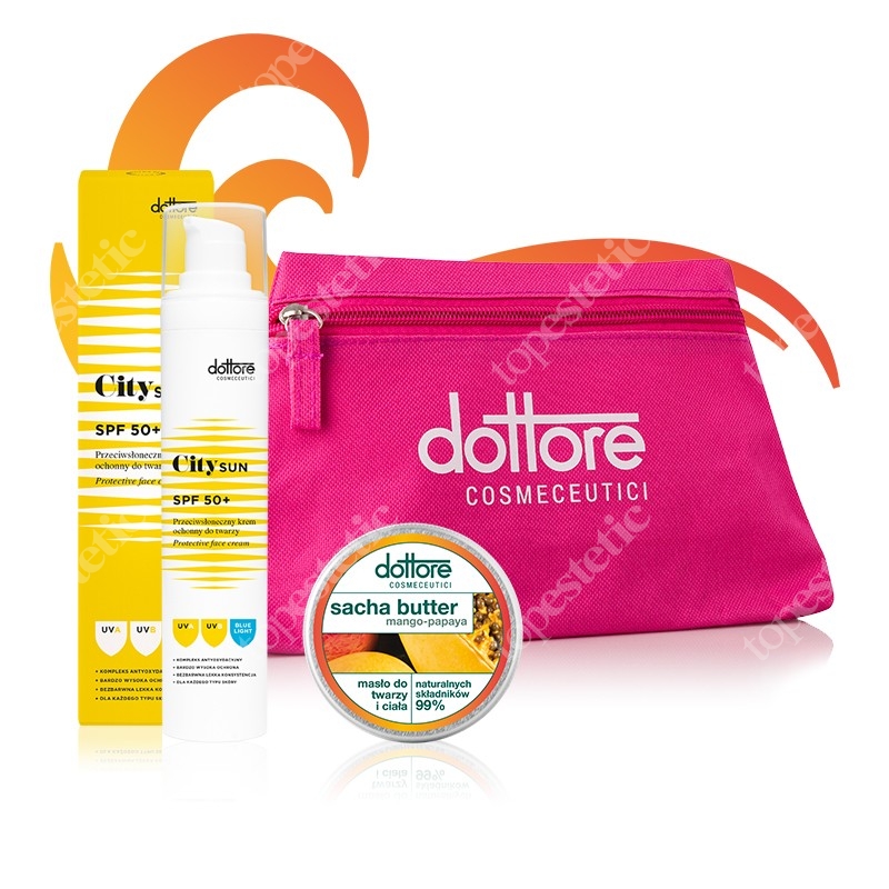 Dottore City Sun SPF50+ + Sacha Butter Mango - Papaya ZESTAW Krem przeciwsłoneczny SPF50+ 50 ml + Masło do twarzy i ciała 50 ml + Kosmetyczka