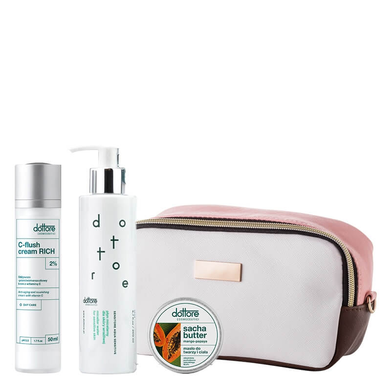 Dottore Odmładzanie - Wersja Prezentowa ZESTAW Masło do twarzy i ciała 50 ml + Płyn micelarny dla skóry wrażliwej 200 ml + Odżywczo-przeciwzmarszczkowy krem z witaminą C 50 ml