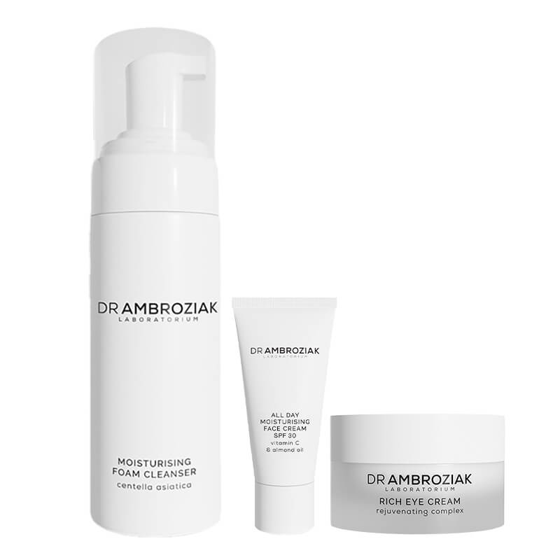 Dr Ambroziak Moisturizing Set ZESTAW Pianka myjąca 150 ml + Odżywczy krem pod oczy 15 ml + Krem nawilżający na dzień 20 ml