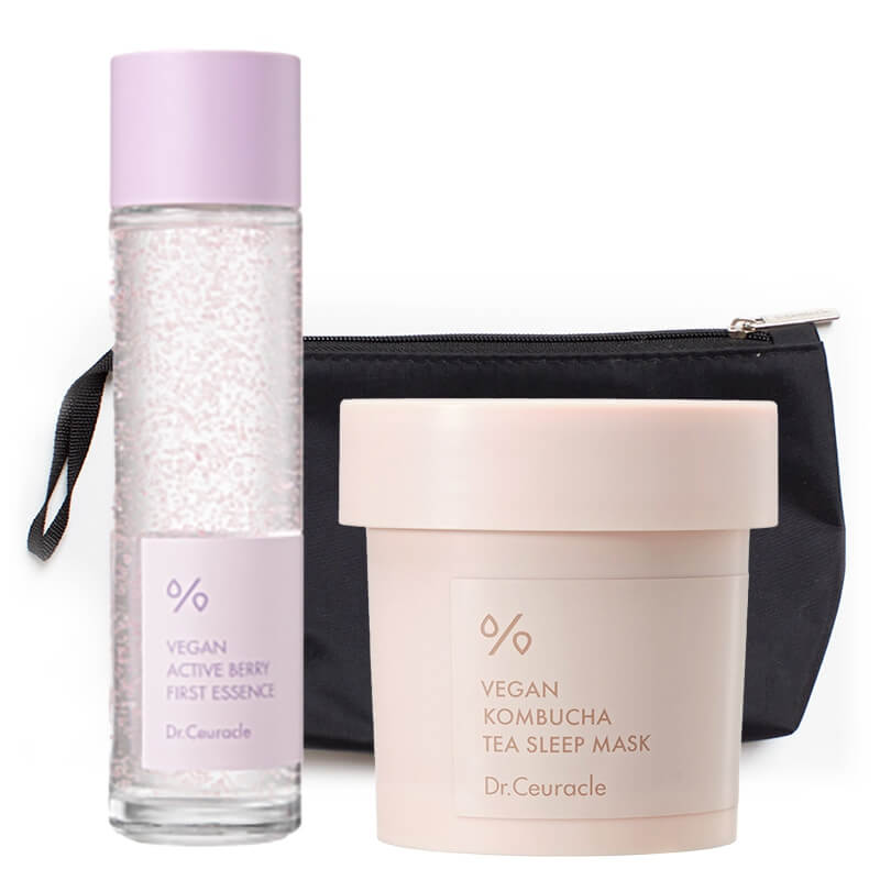 Dr Ceuracle Active Berry First Essence + Kombucha Tea Sleep Mask ZESTAW Esencja 150 ml + Odżywcza maska na noc 100 ml + Kosmetyczka 1 szt