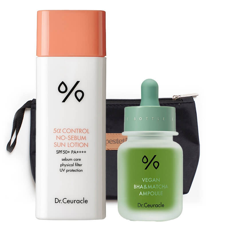 Dr Ceuracle BHA and Matcha Ampoule + No-Sebum Sun Lotion SPF50+ ZESTAW Ampułka 30 ml + Fizyczny filtr przeciwsłoneczny 50 g + Kosmetyczka 1 szt