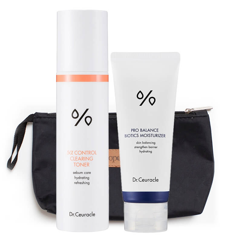 Dr Ceuracle Clearing Toner + Biotics Moisturizer ZESTAW Tonik kontrolujący wydzielanie sebum 120 ml + Lekki krem nawilżający 100 ml + Kosmetyczka 1 szt