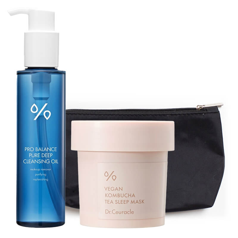 Dr Ceuracle Deep Cleansing Oil + Kombucha Tea Sleep Mask ZESTAW Olejek myjący 155 ml + Odżywcza maska na noc 100 ml + Kosmetyczka 1 szt