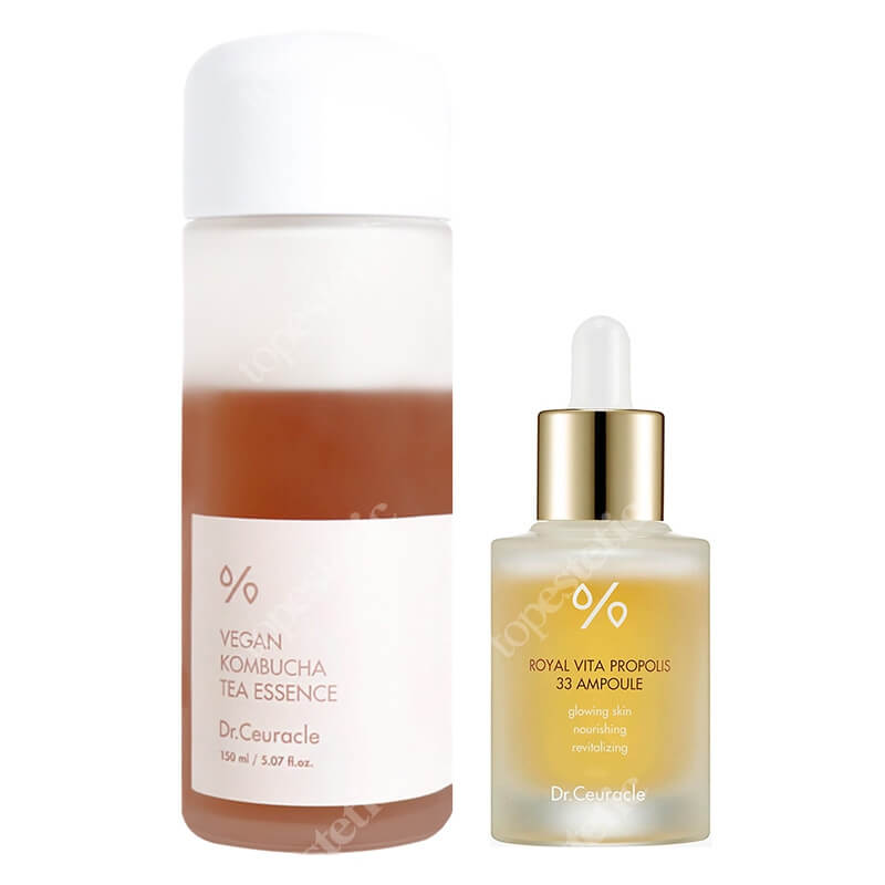 Dr Ceuracle Kombucha Tea Essence + Royal Vita Propolis 33 Ampoule ZESTAW Wegańska esencja 150 ml + Ampułka z ekstraktem z propolisu i ekstraktem z mleczka pszczelego 30 ml