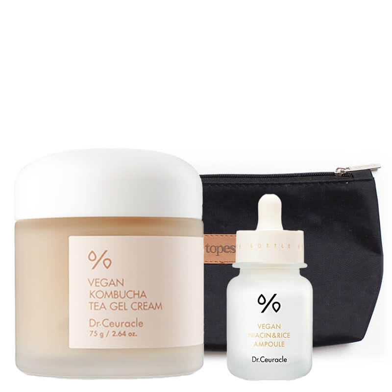 Dr Ceuracle Niacin and Rice Ampoule + Kombucha Tea Gel Cream ZESTAW Ampułka rozjaśniająca przebarwienia 30 ml + Krem-żel 75 ml + Kosmetyczka 1 szt