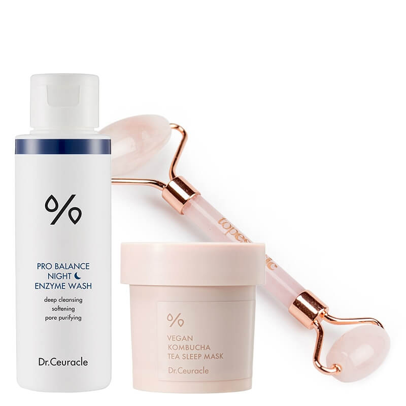 Dr Ceuracle Night Enzyme Wash + Kombucha Tea Sleep Mask + Roller Topestetic ZESTAW Proszek do wieczornego mycia twarzy 50 g + Maska na noc 100 ml + Roller różowy kwarc 1 szt
