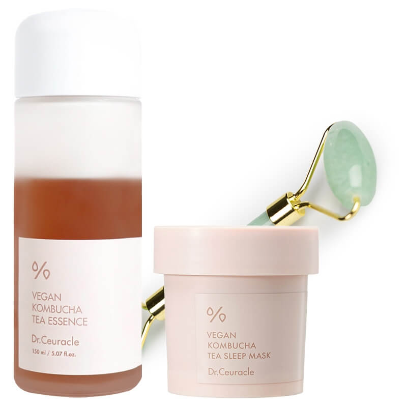Dr Ceuracle Vegan Kombucha Night Set ZESTAW Esencja 150 ml + Odżywcza maska na noc 100 ml + Roller jadeit 1 szt