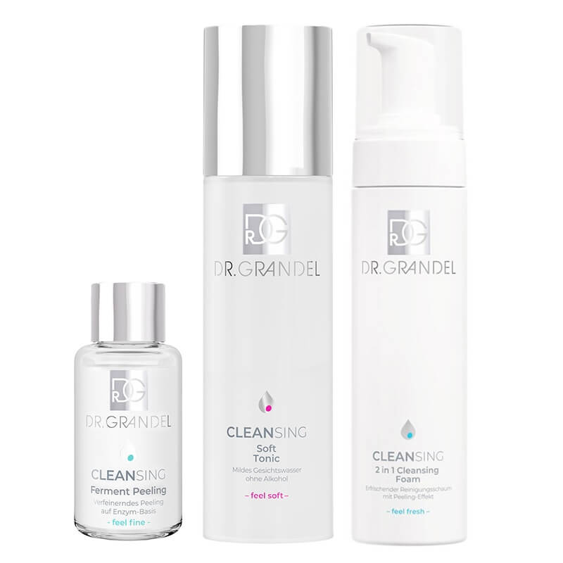Dr Grandel Care Face Set ZESTAW Pianka oczyszczająca z kwasami 2w1 do skór tłustych i mieszanych 200 ml + Peeling enzymatyczny do twarzy i ciała (puder) 30 g + Tonik na