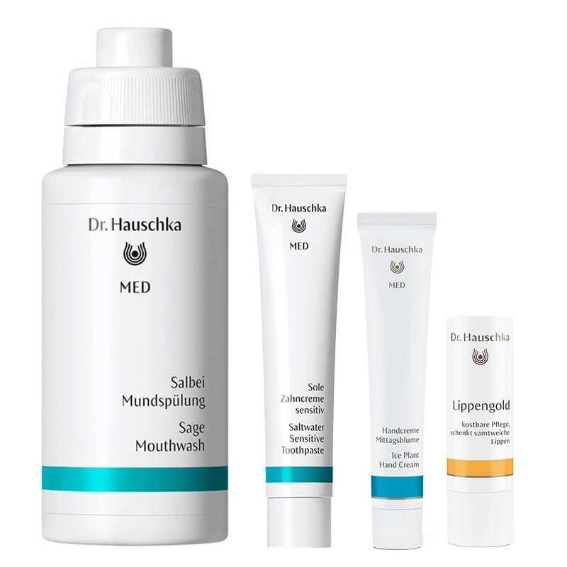 Dr Hauschka Basic Set ZESTAW Pasta do zębów 75 ml + Płyn do płukania jamy ustnej 300 ml + Krem do rąk 50 ml + Sztyft do ust 4,9 g