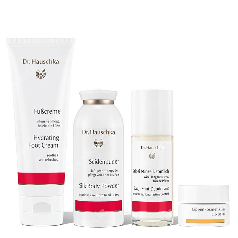 Dr Hauschka Body Care ZESTAW Dezodorant z szałwii i mięty 50 ml + Balsam do ust 4,5 ml + Nawilżający krem do stóp 75 ml + Jedwabny puder do ciała 50 g