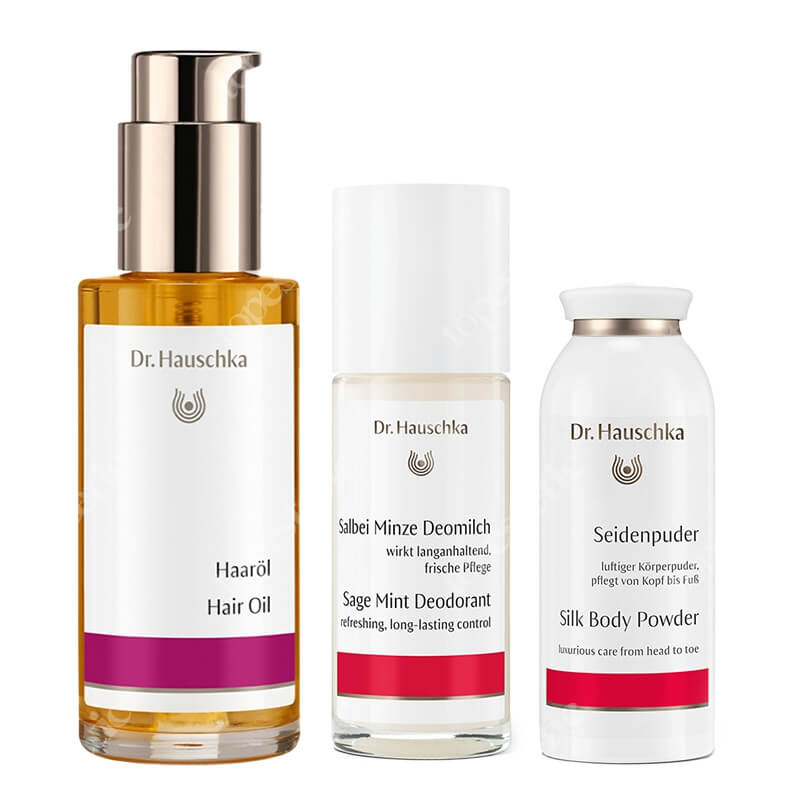 Dr Hauschka Body + Hair ZESTAW Jedwabny puder do ciała 50 g + Olejek do włosów 75 ml + Dezodorant 50 ml