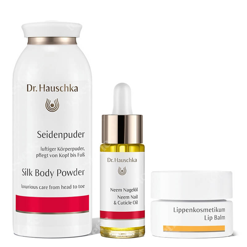 Dr Hauschka Body Set ZESTAW Jedwabny puder do ciała 50 g + Olejek do paznokci z neem 18 ml + Balsam do ust 4,5 ml