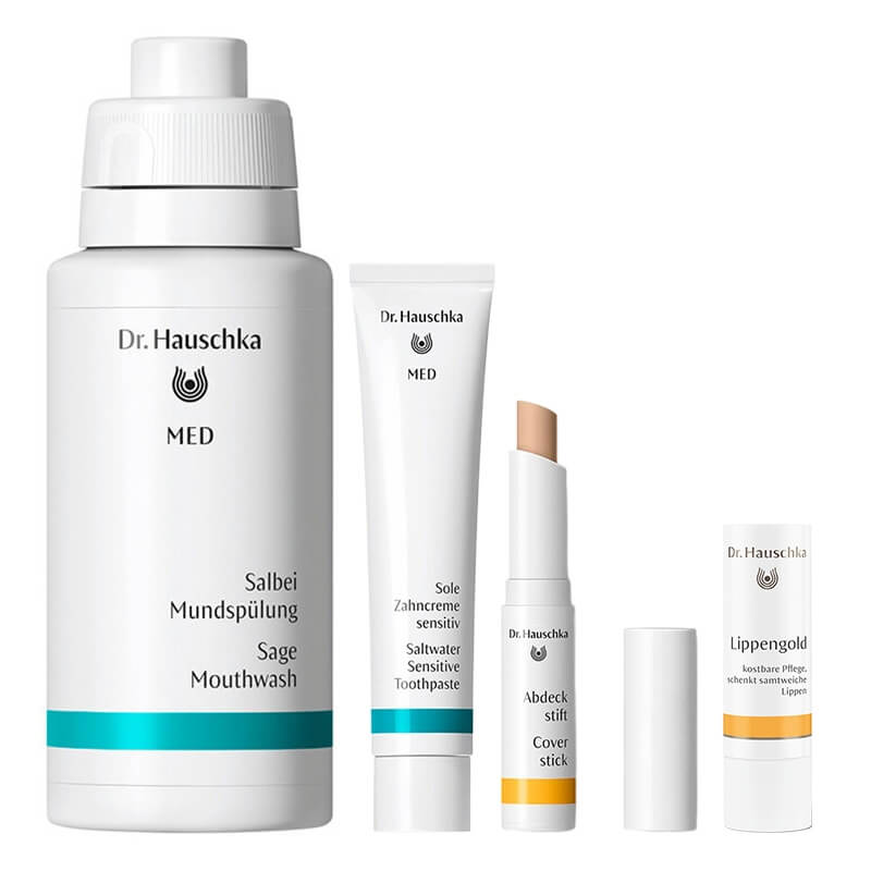 Dr Hauschka Daily Rutine ZESTAW Pasta do zębów 75 ml + Sztyft korygujący 1,9 g + Sztyft do ust 4,9 g + Płyn do płukania jamy ustnej 300 ml