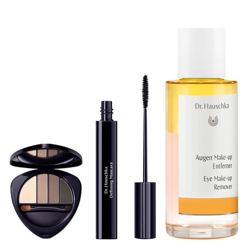 Dr Hauschka Eye Make Up ZESTAW Paleta cieni do powiek i brwi (kolor 01 Stone) 5,3 g + Wydłużający tusz do rzęs 6 ml + Dwufazowy płyn do demakijażu oczu 75 ml