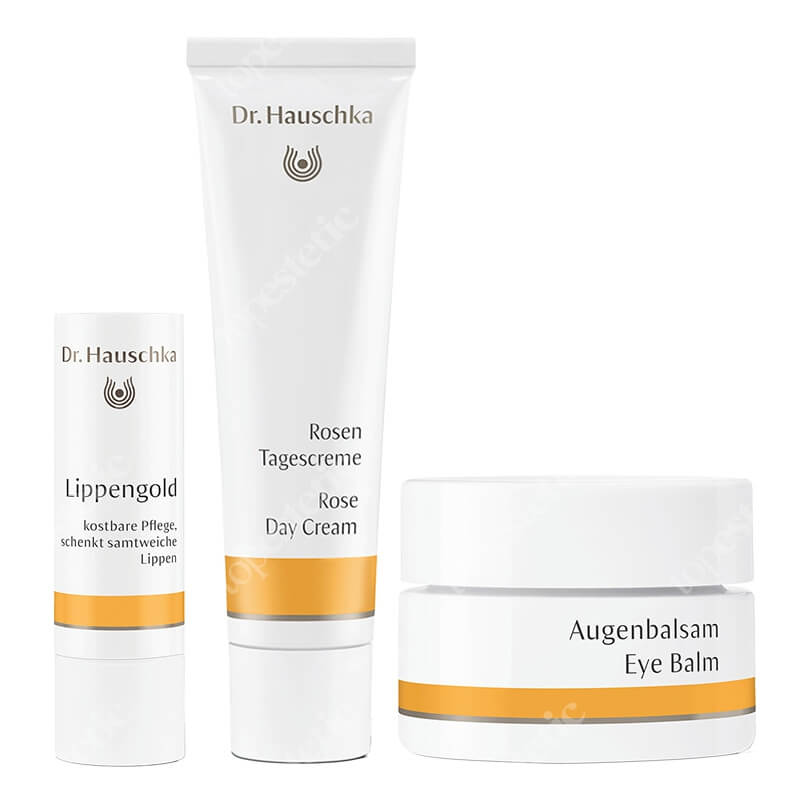 Dr Hauschka Favorite Set ZESTAW Balsam pod oczy 10 ml + Krem z róży na dzień 30 ml + Sztyft pielęgnacyjny do ust 4,9 g