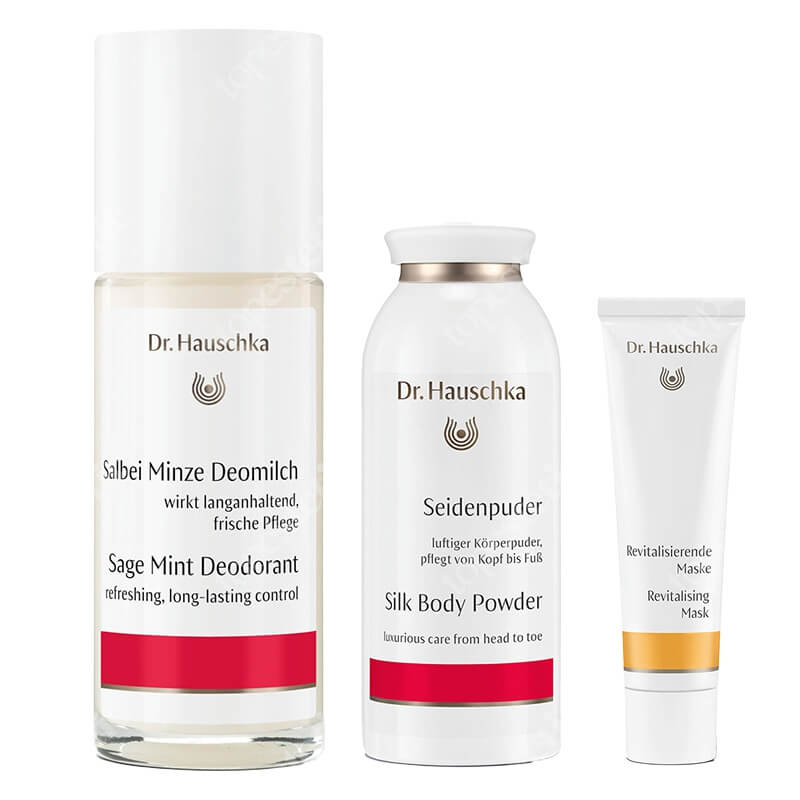 Dr Hauschka Favorite Set ZESTAW Jedwabny puder do ciała 50 g + Dezodorant z szałwii i mięty 50 ml + Maseczka rewitalizująca 30 ml