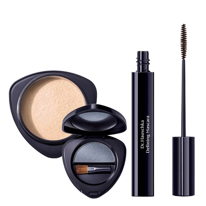 Dr Hauschka Make Up Set ZESTAW Puder sypki (kolor 00 Transparentny) 12 g + Pogrubiający tusz do rzęs (kolor Brown) 6 ml + Cienie pojedyncze (kolor 07 Aquamarine) 1,4 g