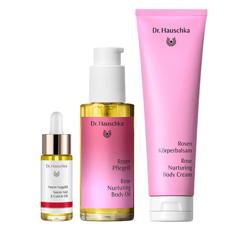 Dr Hauschka Rose Nurturing + Neem Nail ZESTAW Olejek pielęgnacyjny do ciała z róży 75 ml + Olejek do paznokci z neem 18 ml + Różany krem do ciała 145 ml