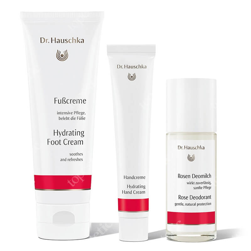 Dr Hauschka Skin Team ZESTAW Dezodorant z róży 50 ml + Nawilżający krem do rąk 50 ml + Nawilżający krem do stóp 75 ml