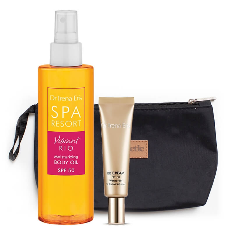 Dr Irena Eris BB Cream SPF50 + Vibrant Rio Moisturizing Body Oil SPF 50 ZESTAW Krem BB (kolor 20) 30 ml + Nawilżający olejek do opalania SPF 50 200 ml + Kosmetyczka 1 szt