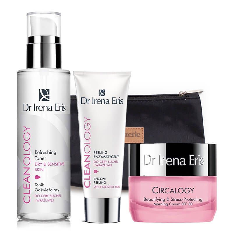 Dr Irena Eris Dry & Sensitive Skin Set ZESTAW Peeling enzymatyczny 75 ml + Tonik 200 ml + Krem na dzień SPF 30 50 ml + Kosmetyczka 1 szt