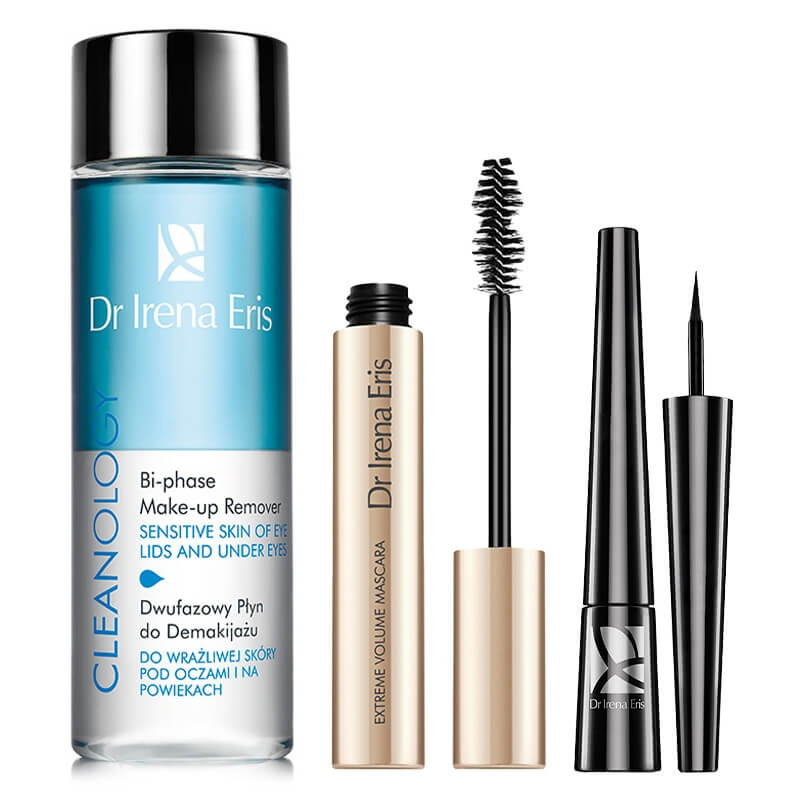 Dr Irena Eris Liquid Eyeliner + Extreme Volume Mascara + Bi-Phase Make-Up Remover ZESTAW Eyeliner (kolor Black) 7 ml + Tusz (kolor Black) 9 ml + Dwufazowy płyn do demakijażu oczu 100 ml