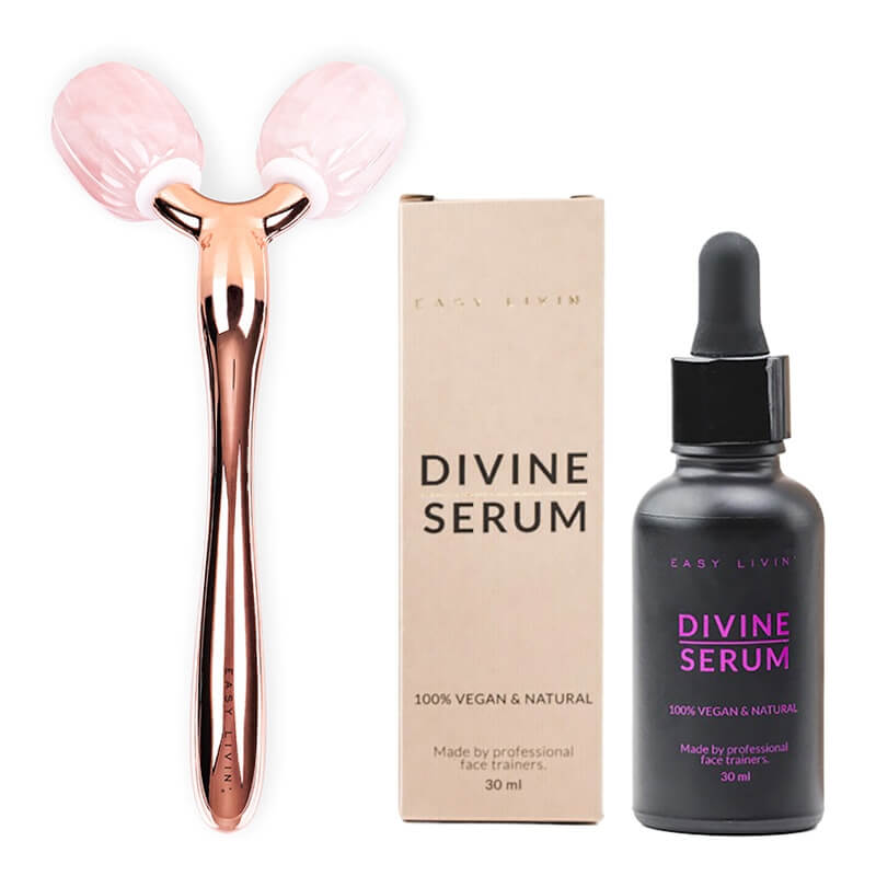 Easy Livin 3D Sculpt Roller + Divine Serum ZESTAW Roller z różowego kwarcu z dwoma głowicami i metalową rączką 1 szt + Olejowe serum do masażu twarzy 30 ml