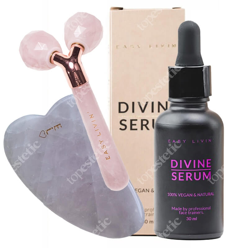 Easy Livin Divine Serum + 3D Lift Beauty Roller + Mini Gua Sha GRATIS ZESTAW Olejowe serum 30 ml + Masażer do twarzy 1 szt + Gua Sha różowego kwarcu 1 szt