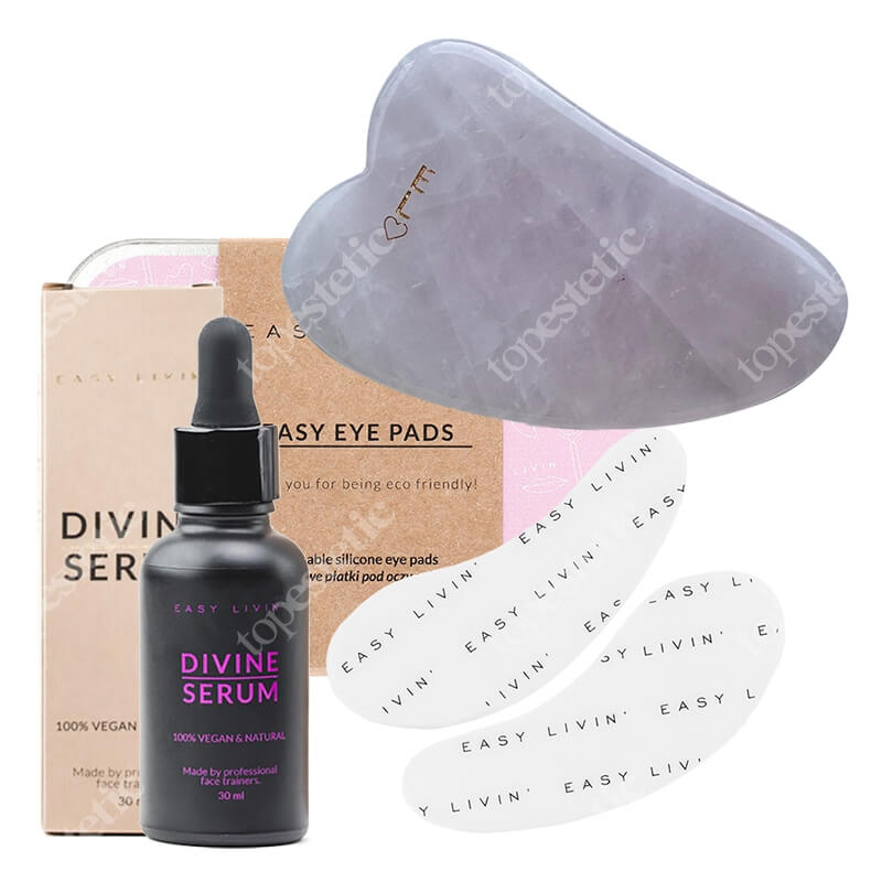 Easy Livin Divine Serum + Easy Eye Pads + Mini Gua Sha GRATIS ZESTAW Olejowe serum do masażu twarzy 30 ml + Płatki pod oczy 2 szt + Mini gua sha z różowego kwarcu 1 szt