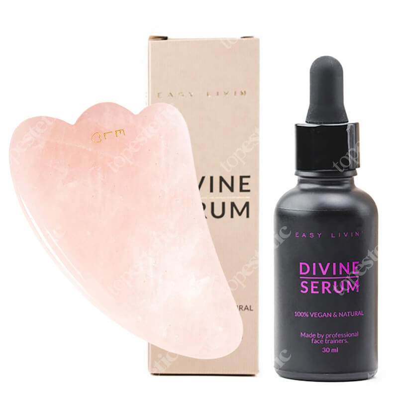 Easy Livin Divine Serum + Modelujący Kamień GUA SHA ZESTAW Olejowe serum do masażu twarzy 30 ml + Luksusowy kamień masujący wykonany z różowego kwarcu 1 szt.