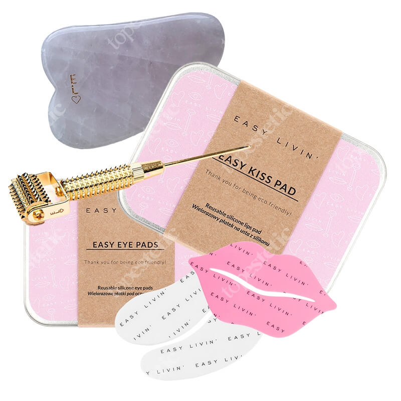Easy Livin Face Accessories Set + Mini Gua Sha GRATIS ZESTAW Płatki pod oczy 2 szt + Płatek na usta 1 szt + Roller z miedzi pokryty złotem 1 szt + Gua Sha z różowego kwarcu 1 szt