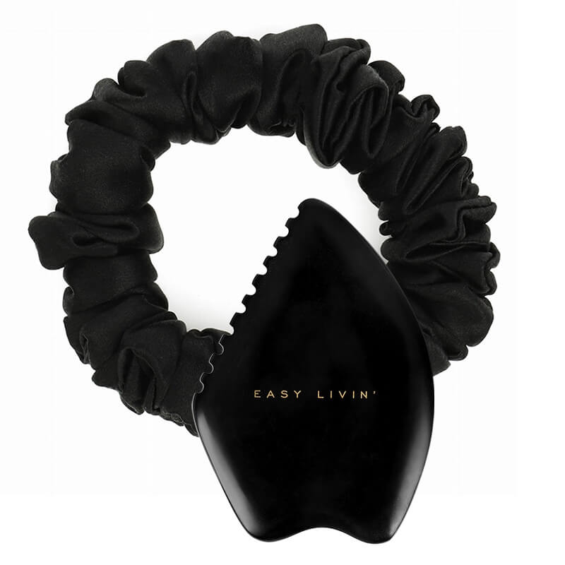 Easy Livin Modelujący Kamień Bian + Gumka do Włosów PREMIUM ZESTAW Gua Sha do masażu twarzy 1 szt + Gumka 100% jedwab i jony srebra - kolor czarny 1 szt