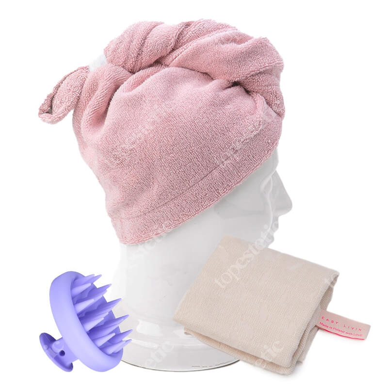 Easy Livin Szczotka Silikonowa + Ręcznik Muślinowy do Twarzy + Turban Do Włosów ZESTAW Szczotka do masażu głowy 1 szt + Ręcznik do twarzy 1 szt + Ręcznik bambusowy do włosów 1 szt