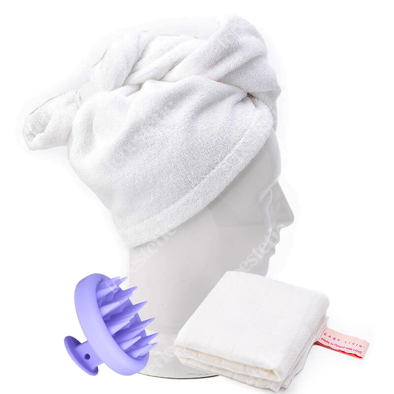 Easy Livin Szczotka Silikonowa + Ręcznik Muslinowy do Twarzy + Turban Do Włosów ZESTAW Szczotka do mycia i masażu głowy 1 szt + Ręcznik do twarzy 1 szt + Ręcznik bambusowy do włosów 1 szt