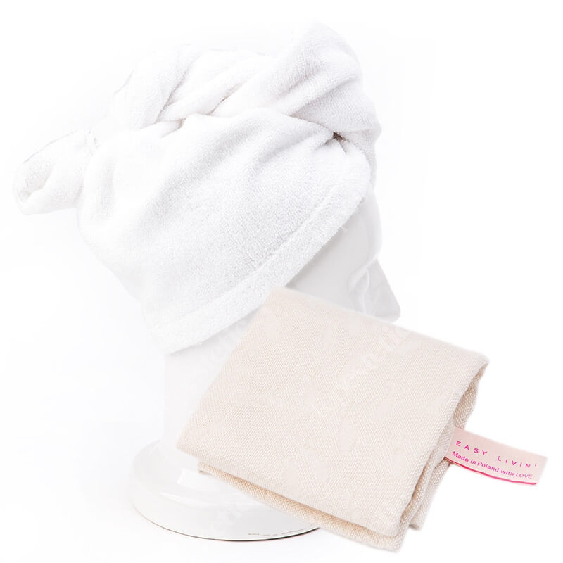 Easy Livin Turban Do Włosów + Ręcznik Muslinowy do Twarzy OEKO - TEX ZESTAW Bambusowy do osuszania włosów (kolor biel ) 1 szt + Ręcznik z włókien algowych SeaCELL 1 szt