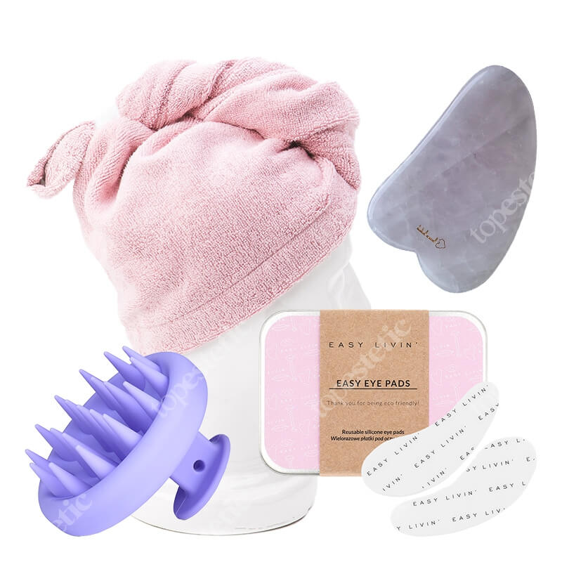 Easy Livin Turban Do Włosów + Szczotka Silikonowa + Easy Eye Pads + Mini Gua Sha GRATIS ZESTAW Ręcznik do włosów (kolor róż) 1 szt + Szczotka do mycia i masażu głowy 1 szt + Wielorazowe płatki z silikonu 2 szt