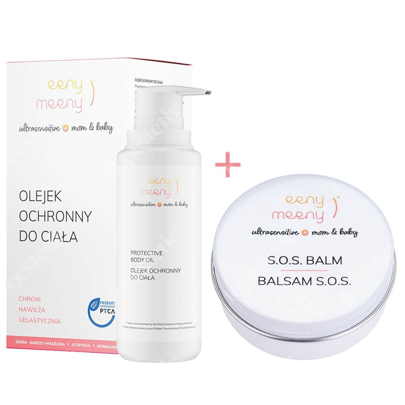 Eeny meeny Balsam S.O.S + Olejek Ochronny Do Ciała ZESTAW Do pielęgnacji wrażliwej skóry mamy i dziecka 40 g + Do codziennej pielęgnacji skóry mamy i dziecka 100 ml