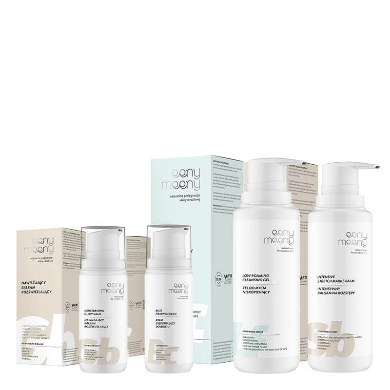 Eeny meeny Czuła Pielęgnacja ZESTAW Balsam na rozstępy 200 ml+ Krem do biustu 100 ml + Żel do mycia ciała 200 ml + Rozświetlający balsam do ciała 100 ml