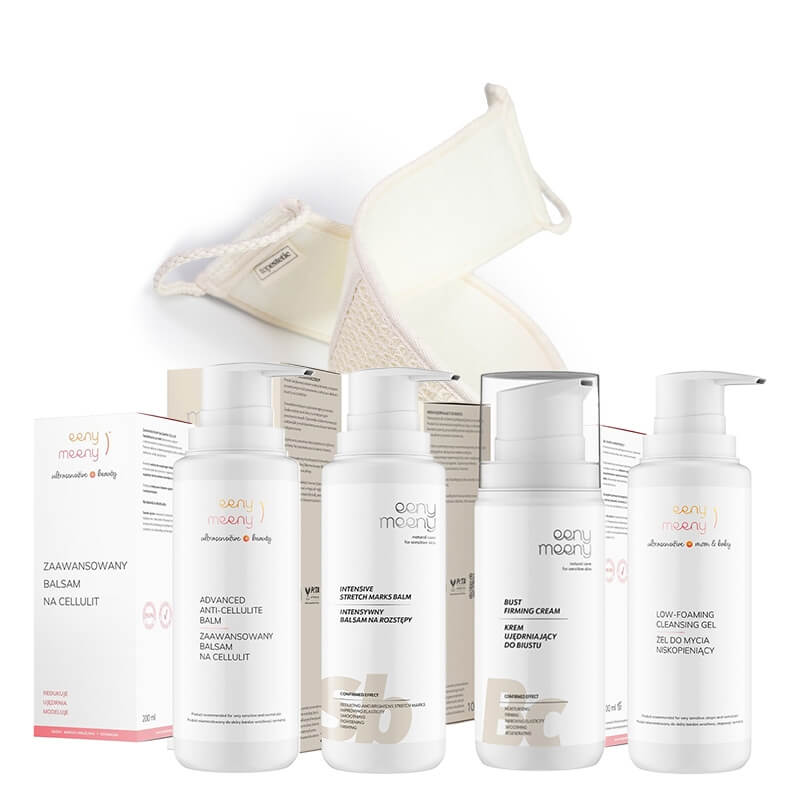 Eeny meeny Jędrność i Elastyczność ZESTAW Balsam na rozstępy 200 ml + Krem do biustu 100 ml + Balsam na cellulit 200 ml + Żel do ciała 200 ml + Pas do mycia ciała 1 szt