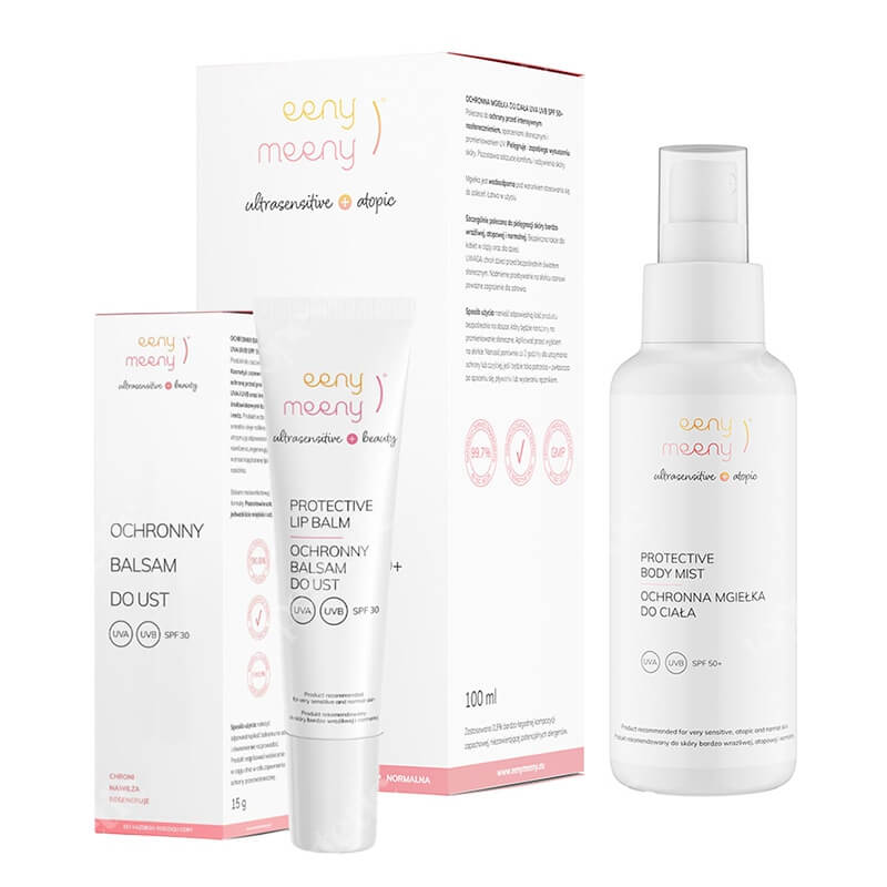 Eeny meeny Letnia Lekka Ochrona ZESTAW Mgiełka do ochrony przed intensywnym nasłonecznieniem 100 ml + Ochronny balsam do ust 15g