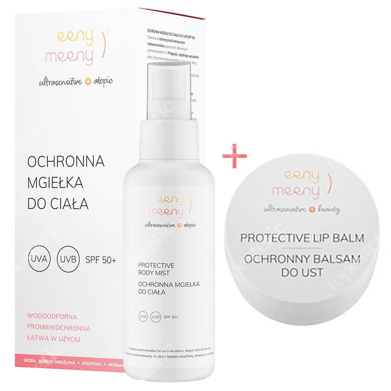 Eeny meeny Ochronna Mgiełka Do Ciała + Ochronny Balsam Do Ust ZESTAW Ochrona przeciwsłoneczna i przed promieniowaniem UV 100 ml + Nawilża, regeneruję skórę ust 15 g