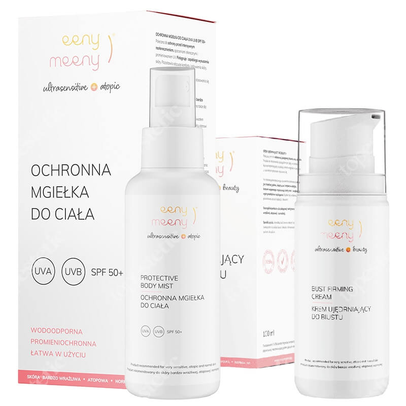 Eeny meeny Ochronna Mgiełka Do Ciała SPF 50+ + Ujędrniający Krem do Biustu ZESTAW Ochrona przeciwsłoneczna i przed promieniowaniem UV 100 ml + Ujędrnia, uelastycznia, wygładza 100 ml