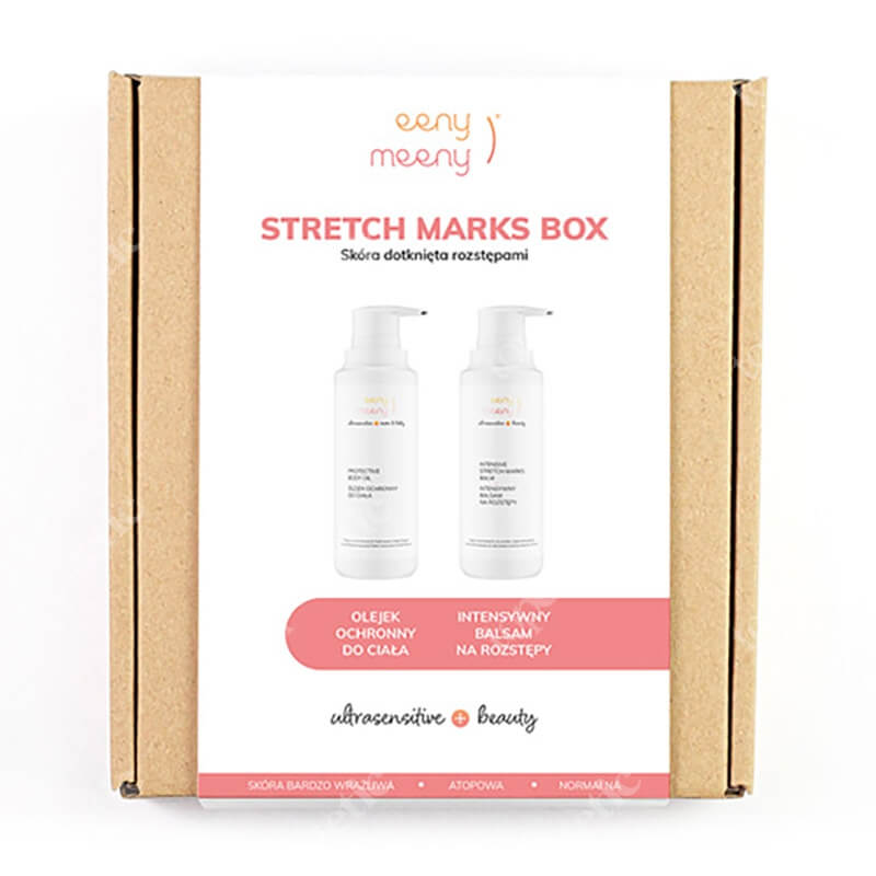 Eeny meeny Stretch Marks Box ZESTAW Do codziennej pielęgnacji skóry mamy i dziecka 200 ml + zauważalnie redukuje i rozjaśnia istniejące już rozstępy 200 ml
