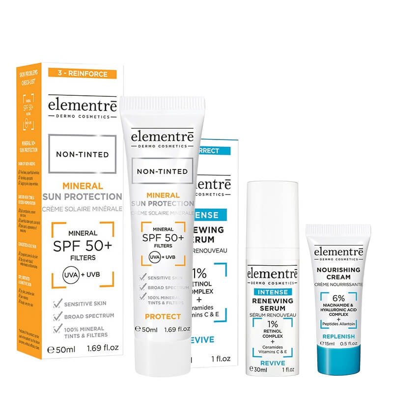 Elementre Age Defense ZESTAW Serum z 1% retinolem 30 ml + Filtr mineralny SPF 50 (kolor Non Tinted) 50 ml + Krem odżywczy 15 ml