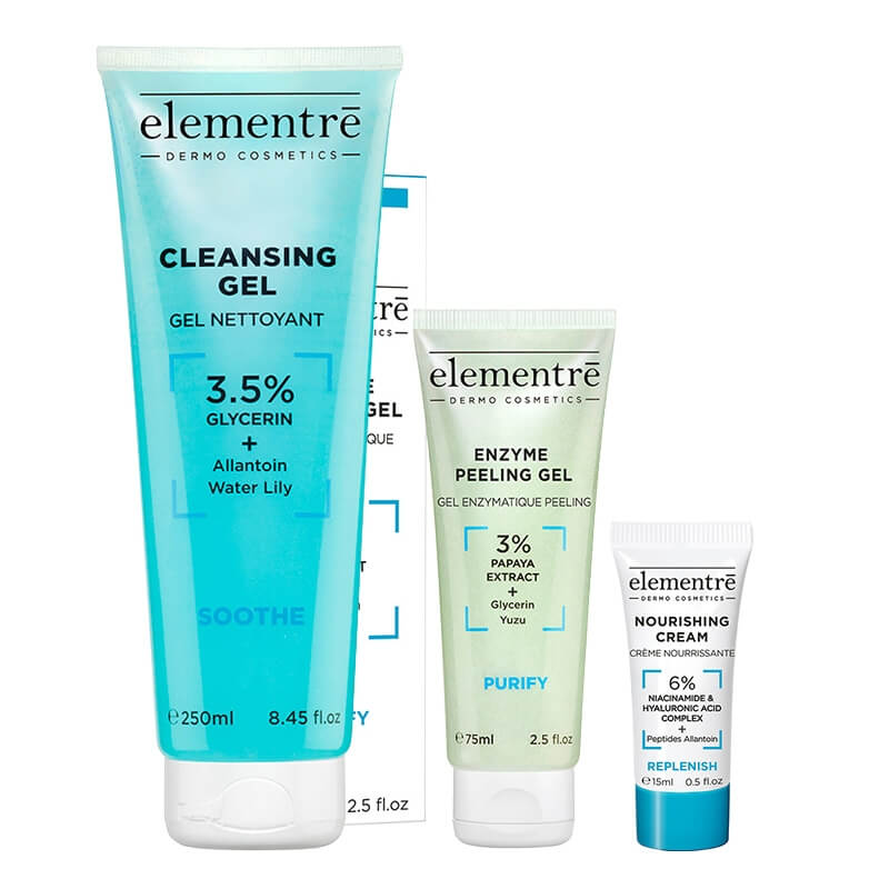 Elementre Clean Routine ZESTAW Żel oczyszczający 250 ml + Enzymatyczny żel peelingujący 75 ml + Krem odżywczy 15 ml