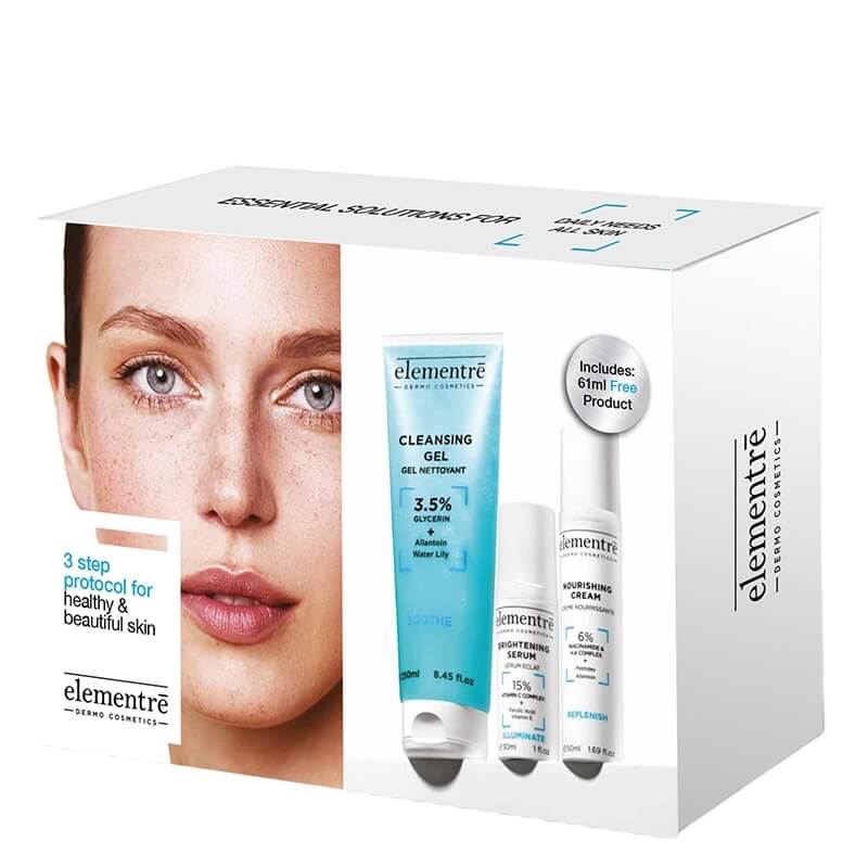 Elementre Daily Needs All Skin ZESTAW Żel 250 ml + Serum 30 ml + Krem 50 ml + Pianka 40 ml + Żel na noc 15 ml + Filtr SPF 50 2x 3 ml
