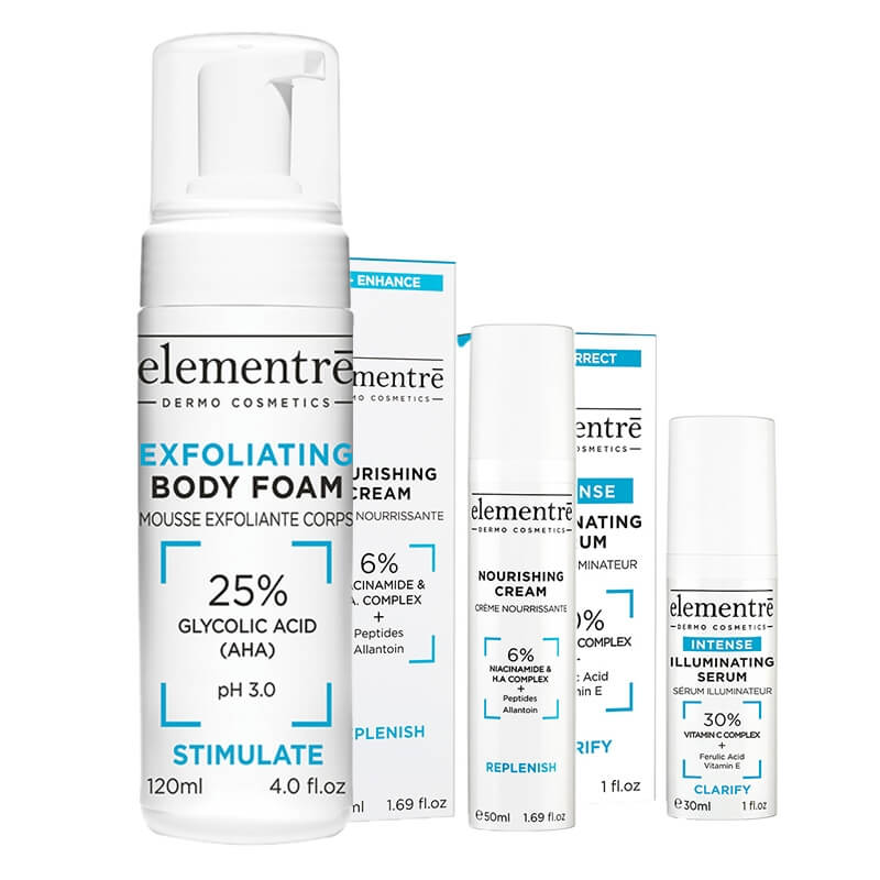 Elementre Exfoliating + Nourishing + Illuminating ZESTAW Oczyszczająca pianka do ciała 120 ml + Krem odżywczy 50 ml + Serum z 30% kompleksem witaminy C, 30 ml GRATIS